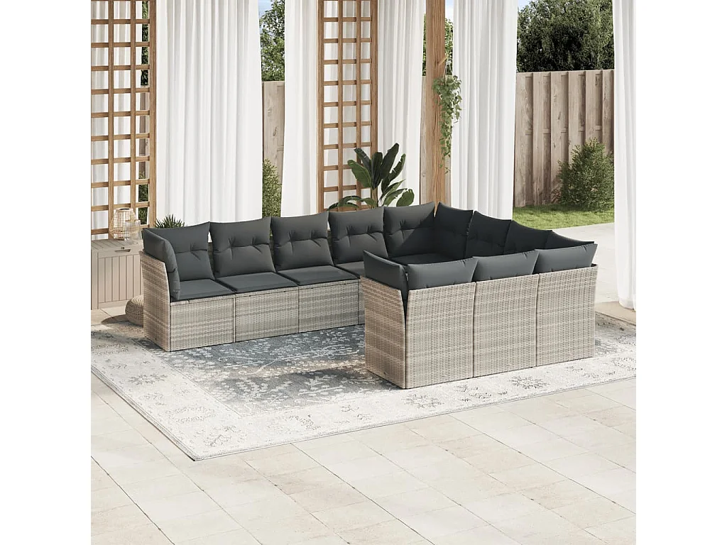 Salon de jardin avec coussins 10 pcs gris clair résine tressée