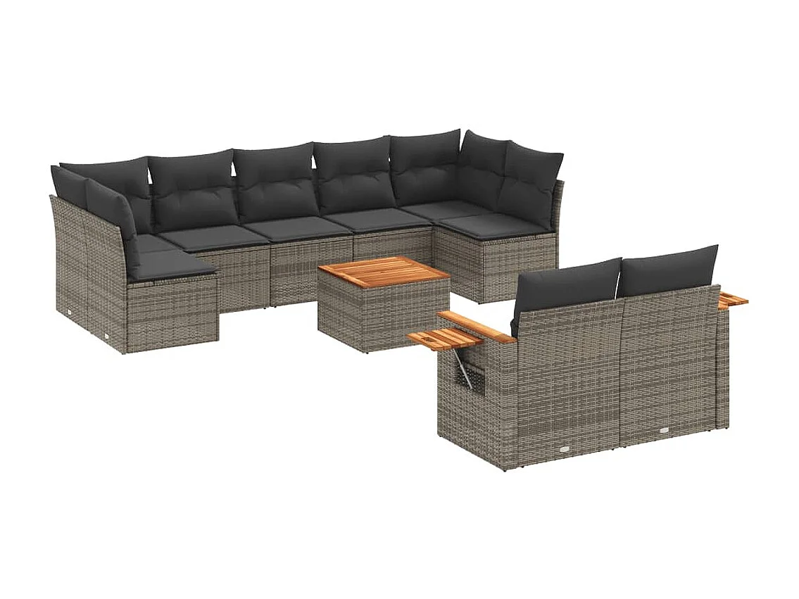 10-delige Loungeset met kussens poly rattan grijs