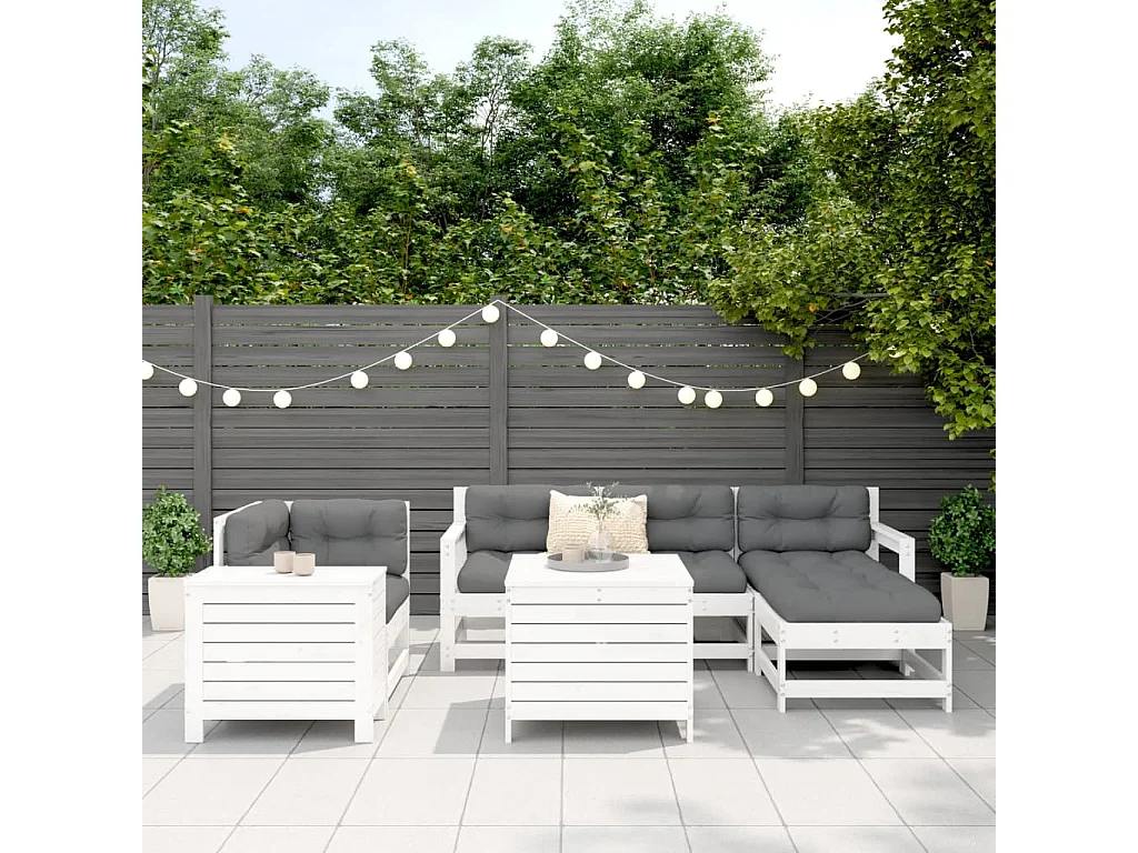 Salon de jardin 7 pcs blanc bois de pin massif