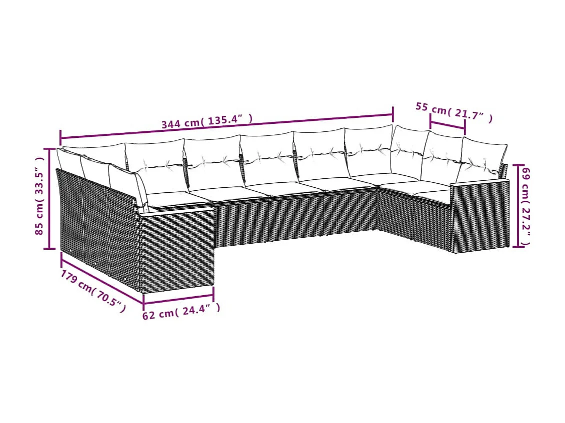 10-delige Loungeset met kussens poly rattan zwart