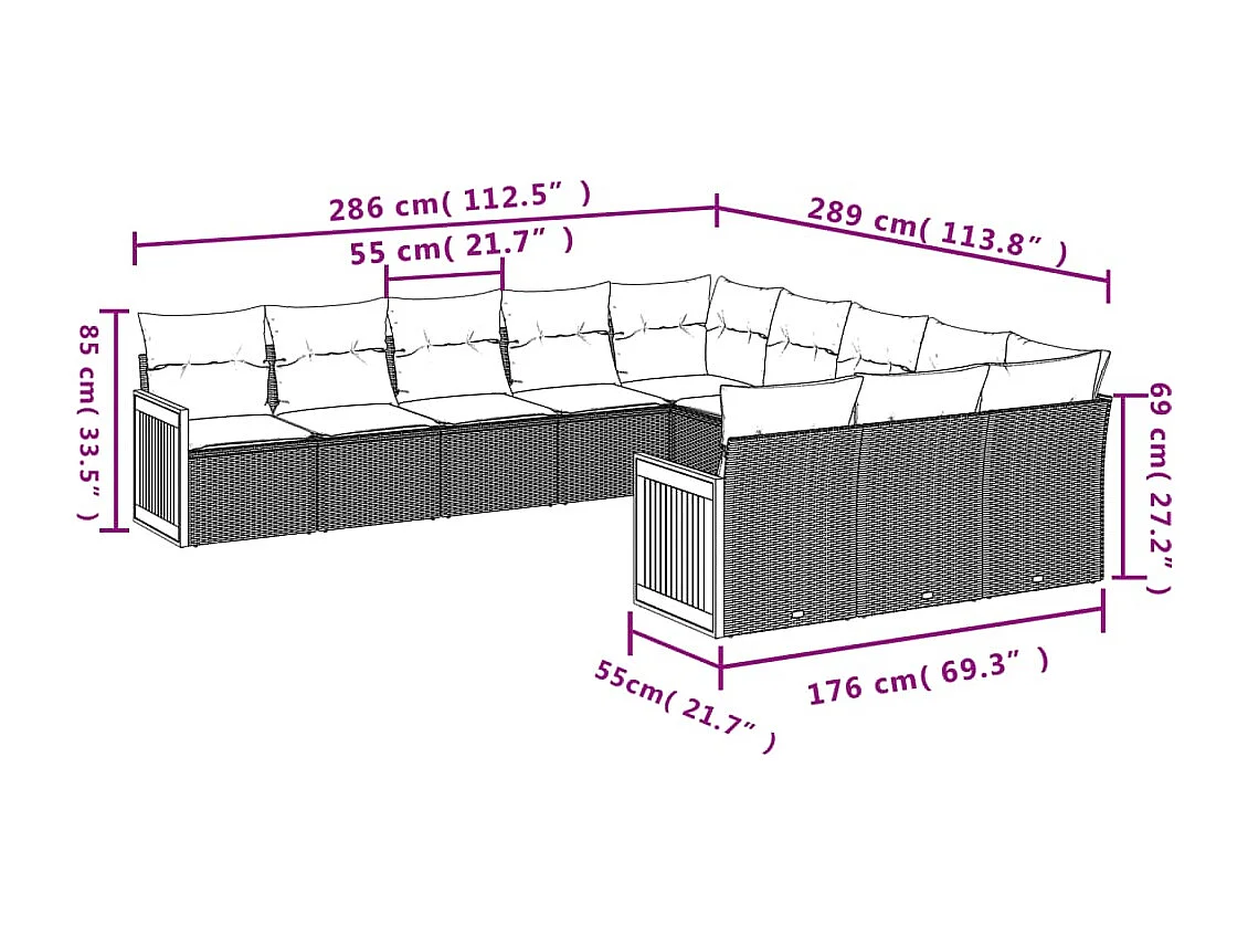 11 pcs conjunto sofás de jardim c/ almofadões vime PE preto