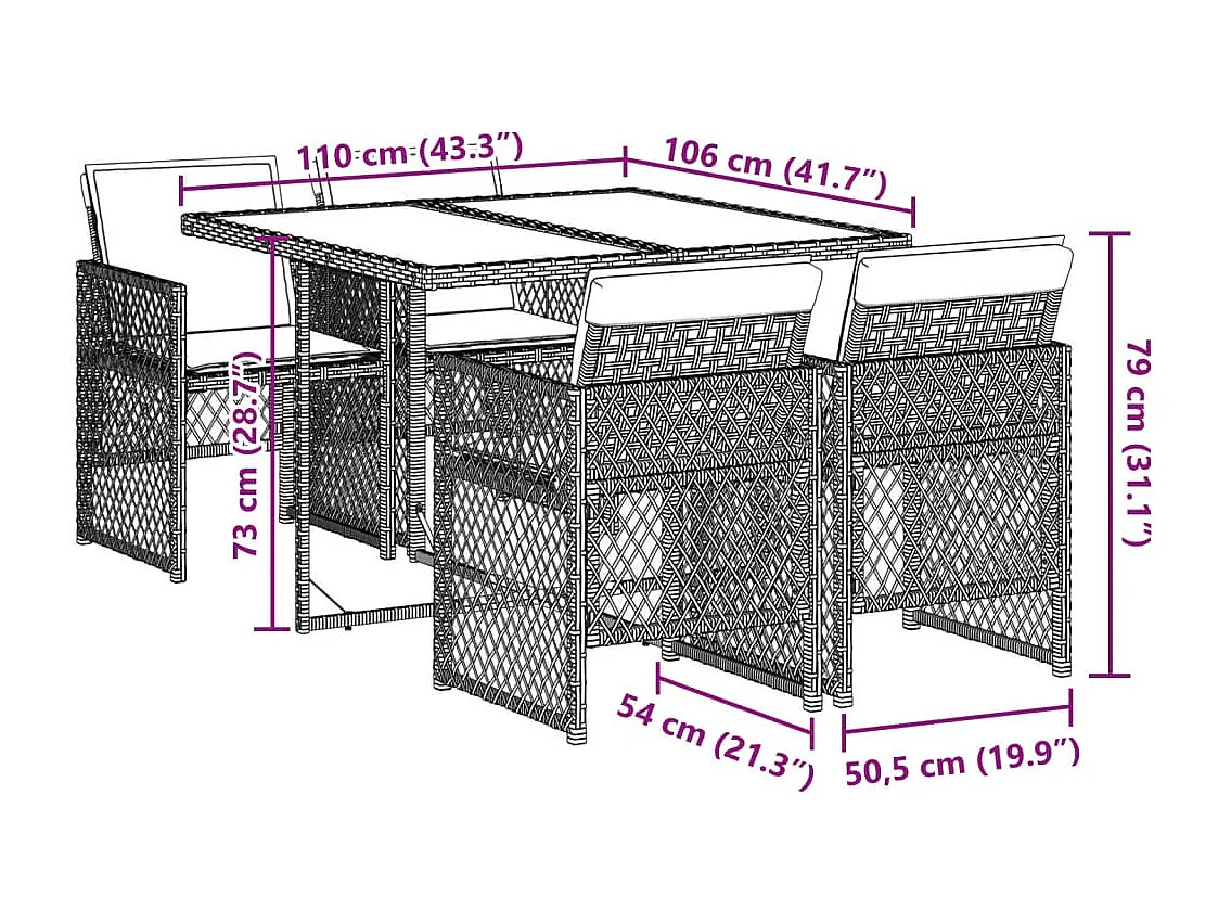 Ensemble à manger de jardin et coussins 5 pcs gris clair rotin