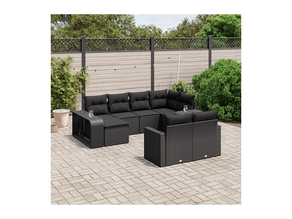 Salon de jardin 10 pcs avec coussins noir résine tressée