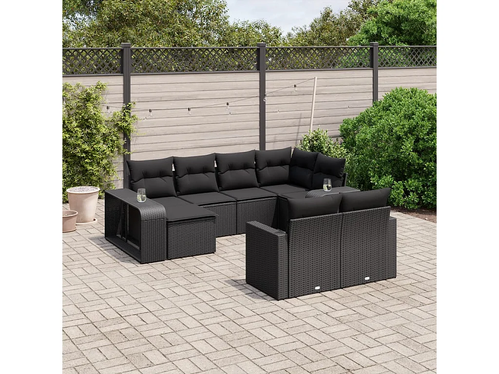 10-delige Loungeset met kussens poly rattan zwart