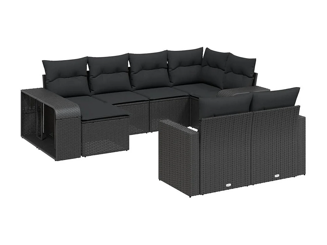 10-delige Loungeset met kussens poly rattan zwart