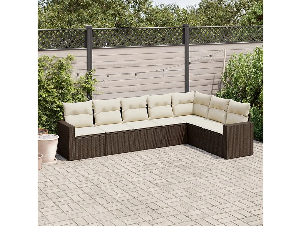 7-tlg. Garten-Sofagarnitur mit Kissen Braun Poly Rattan
