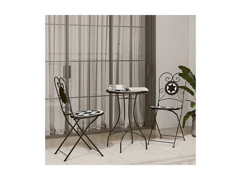 Conjunto de bistrô em mosaico ferro e cerâmica preto e branco