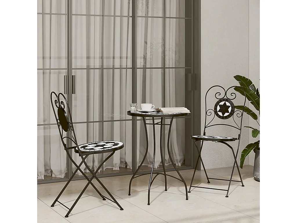 Ensemble de bistro mosaïque noir et blanc fer et céramique