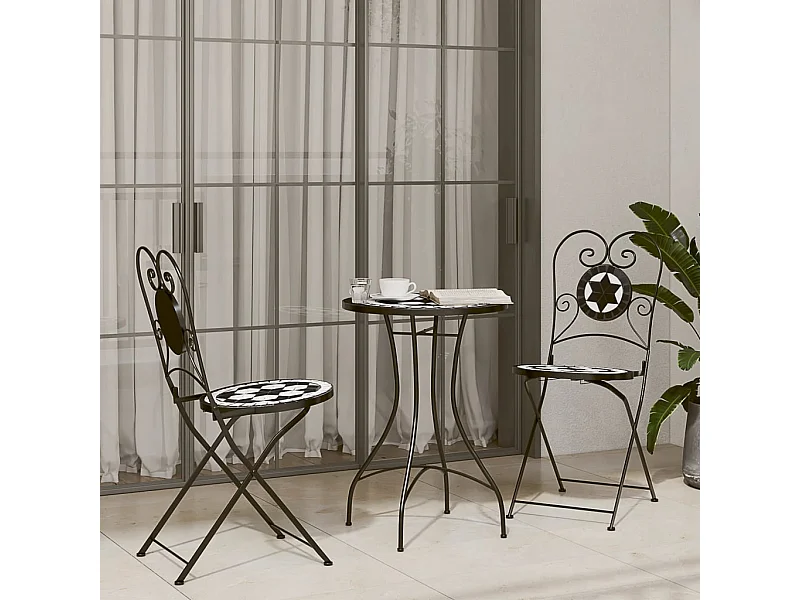 Set da Bistrot con Mosaico Nero e Bianco in Ferro e Ceramica