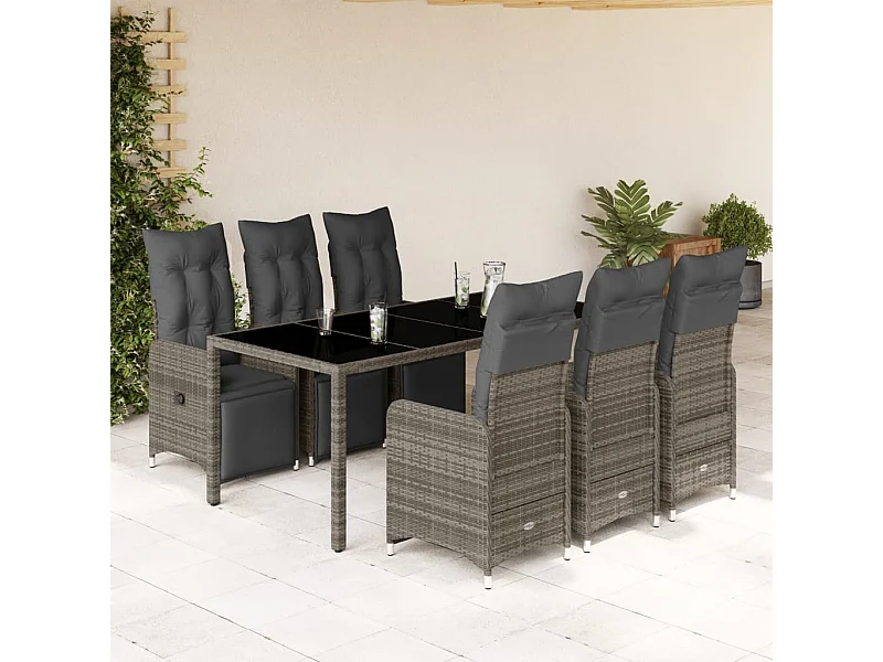 Ensemble de bistro de jardin 7 pcs coussins gris poly rotin