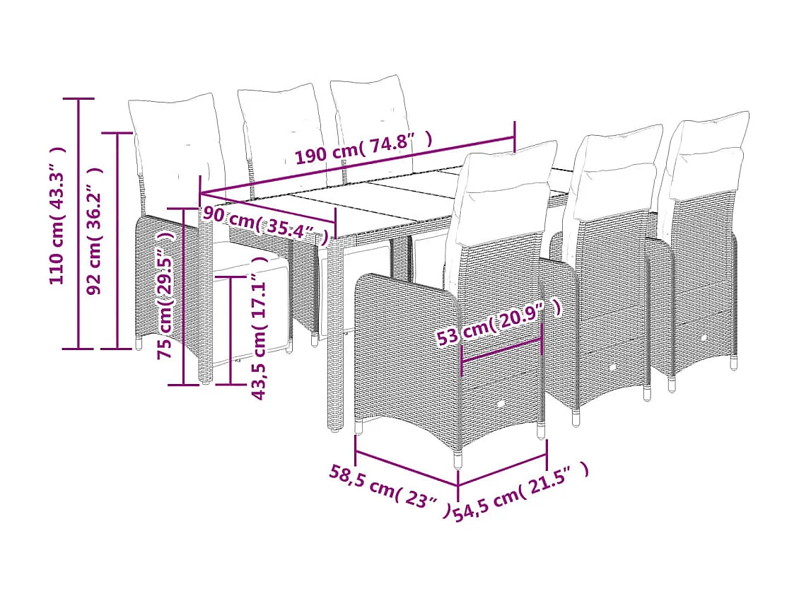 Ensemble de bistro de jardin 7 pcs coussins gris poly rotin