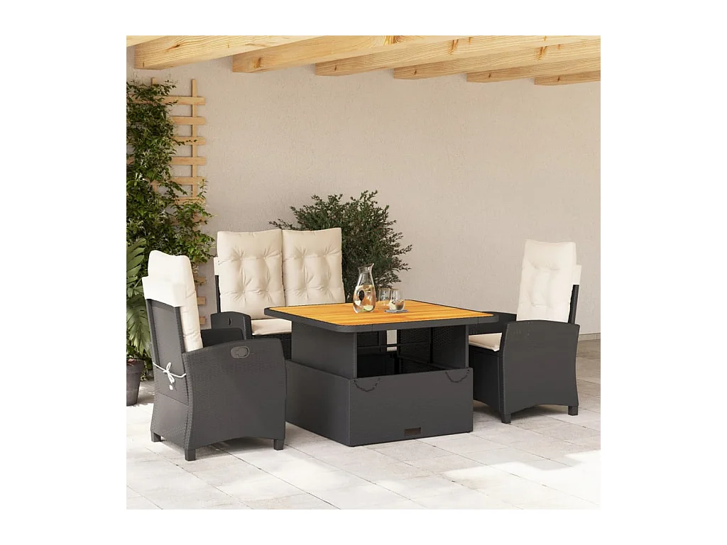 4-delige Tuinset met kussens poly rattan zwart