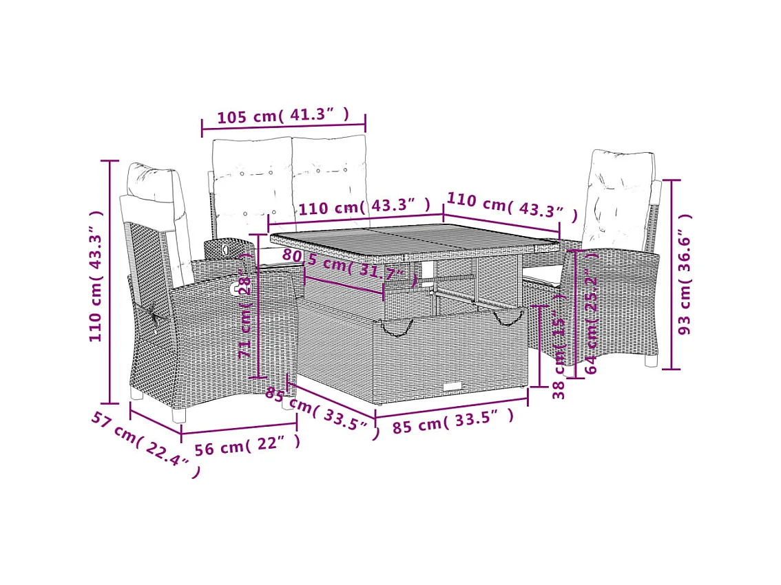 4-delige Tuinset met kussens poly rattan zwart