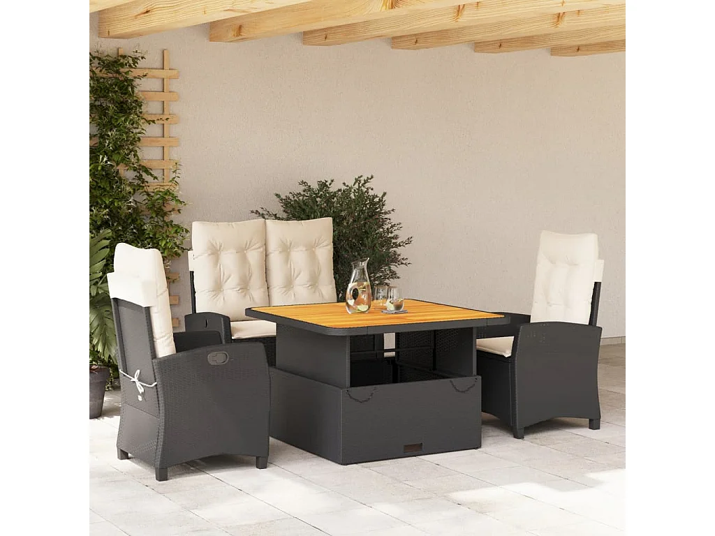 4-delige Tuinset met kussens poly rattan zwart