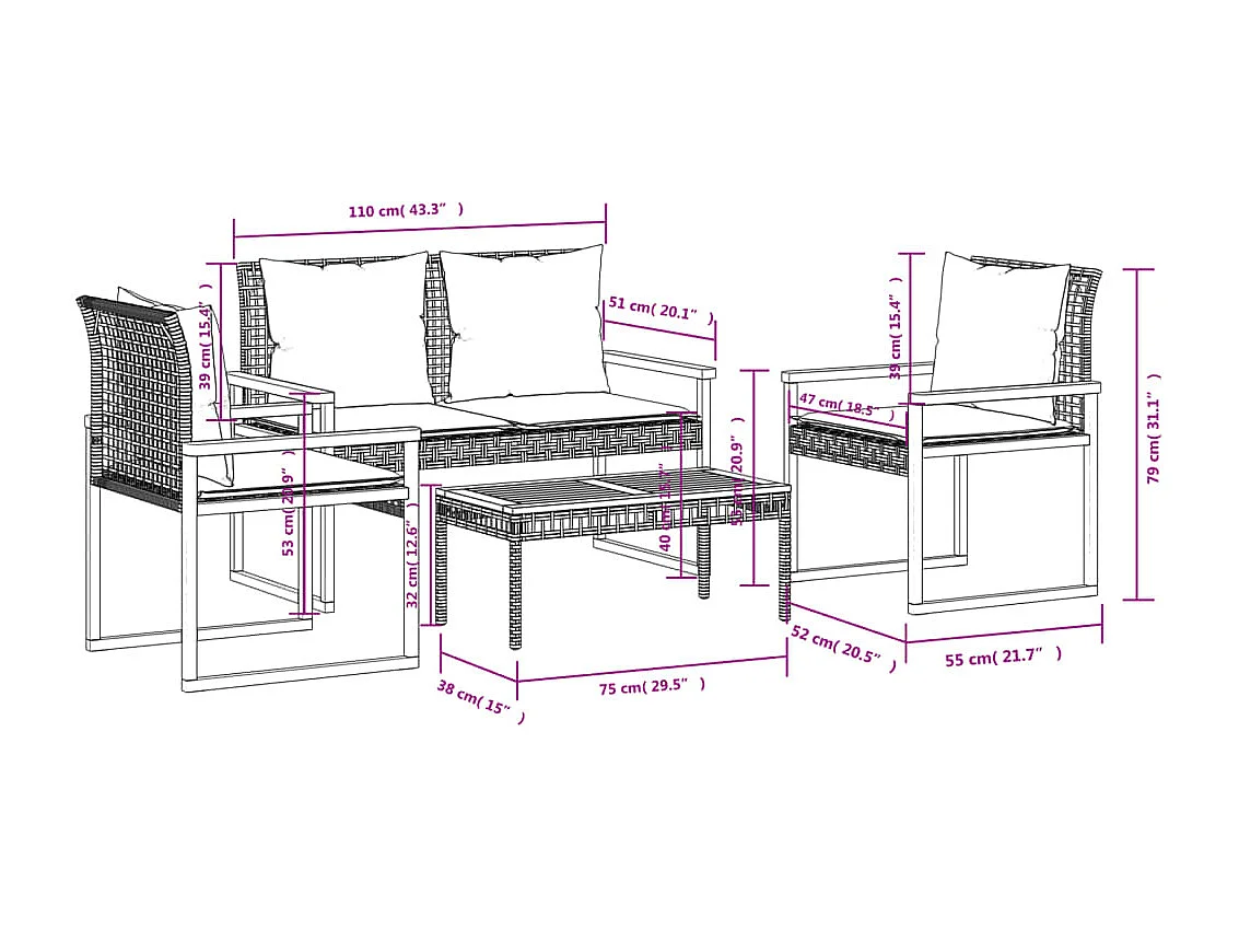 4-tlg. Garten-Lounge-Set mit Kissen Beige Poly Rattan