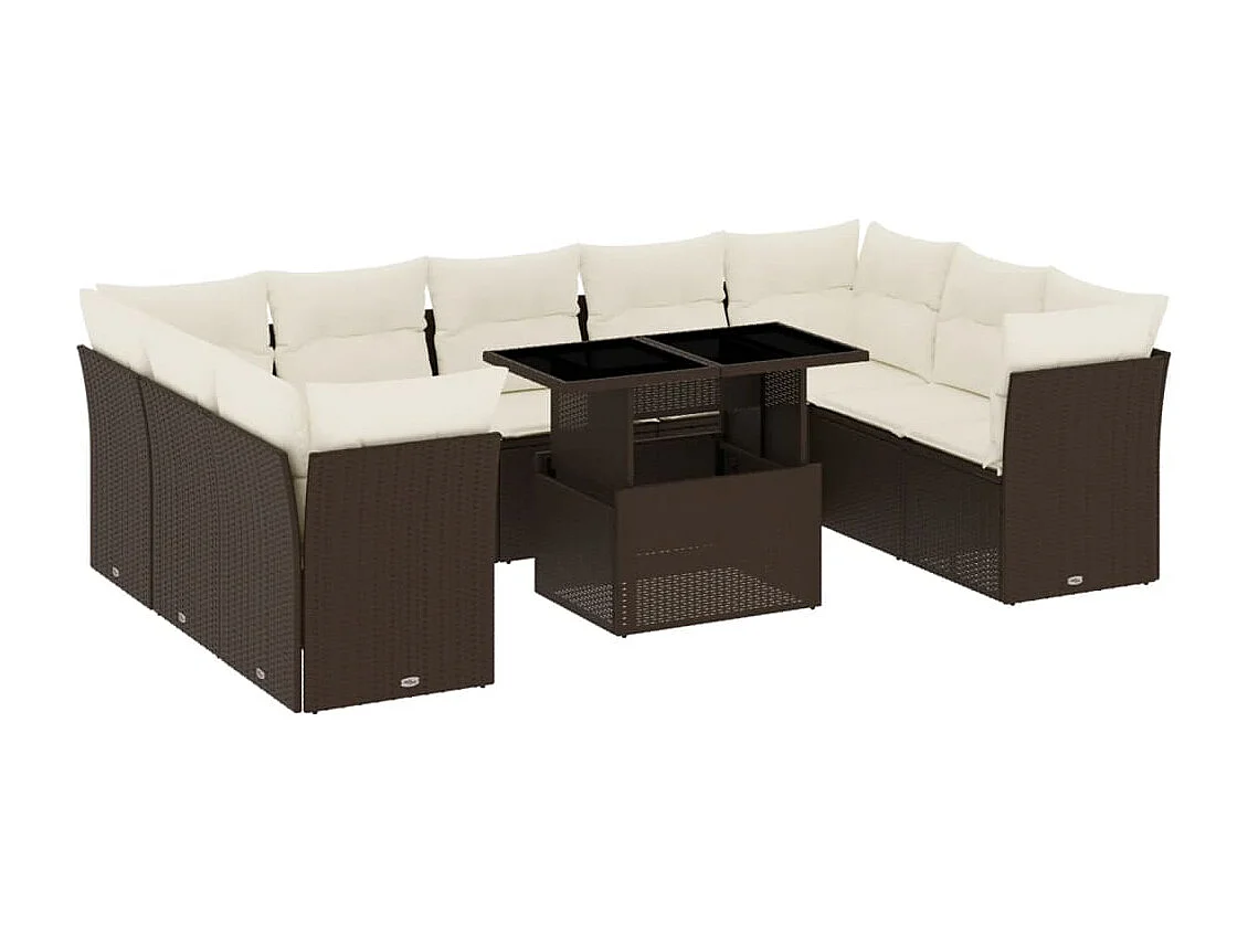 Salon de jardin 10 pcs avec coussins marron résine tressée