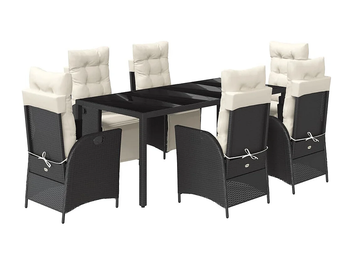 Ensemble à manger de jardin coussins 7pcs Noir Résine tressée