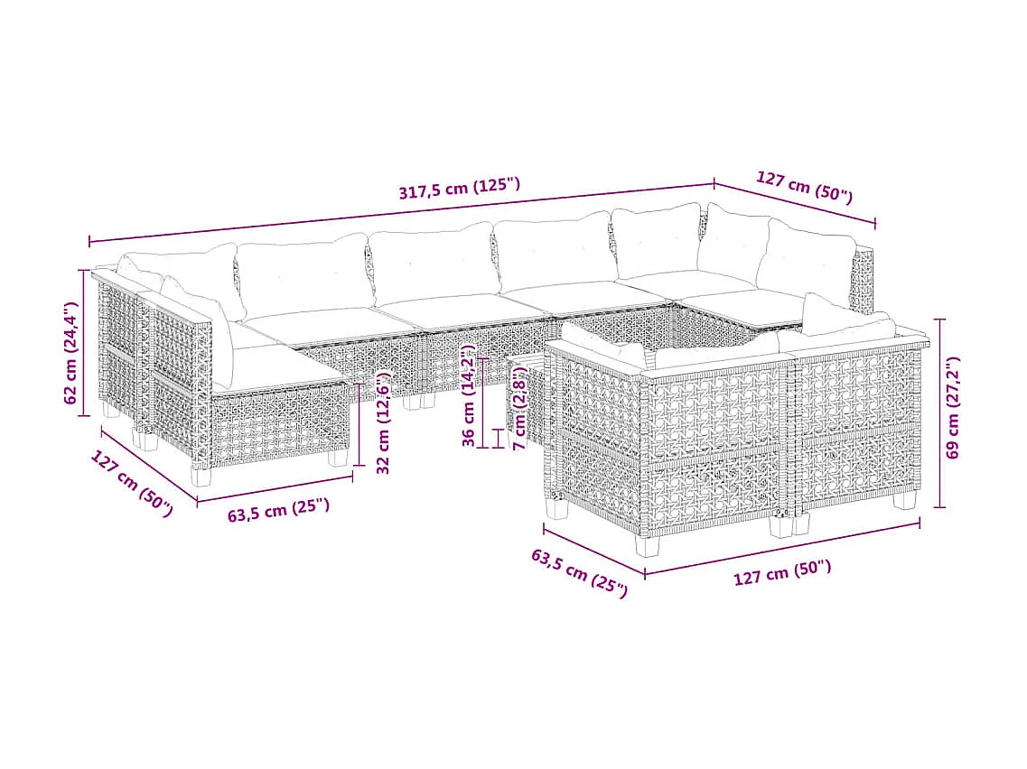 Salon de jardin 10 pcs avec coussins noir résine tressée