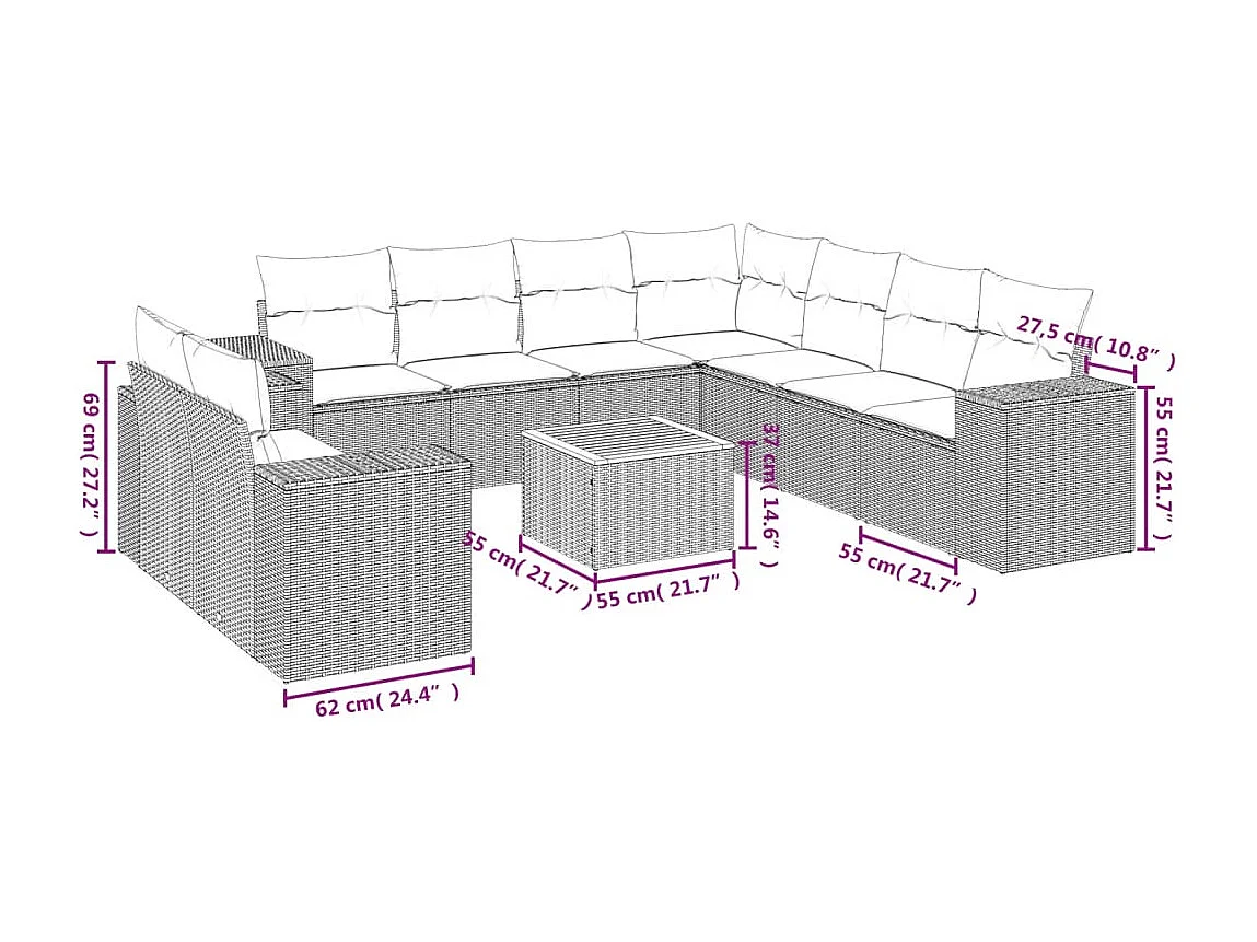10-delige Loungeset met kussens poly rattan zwart
