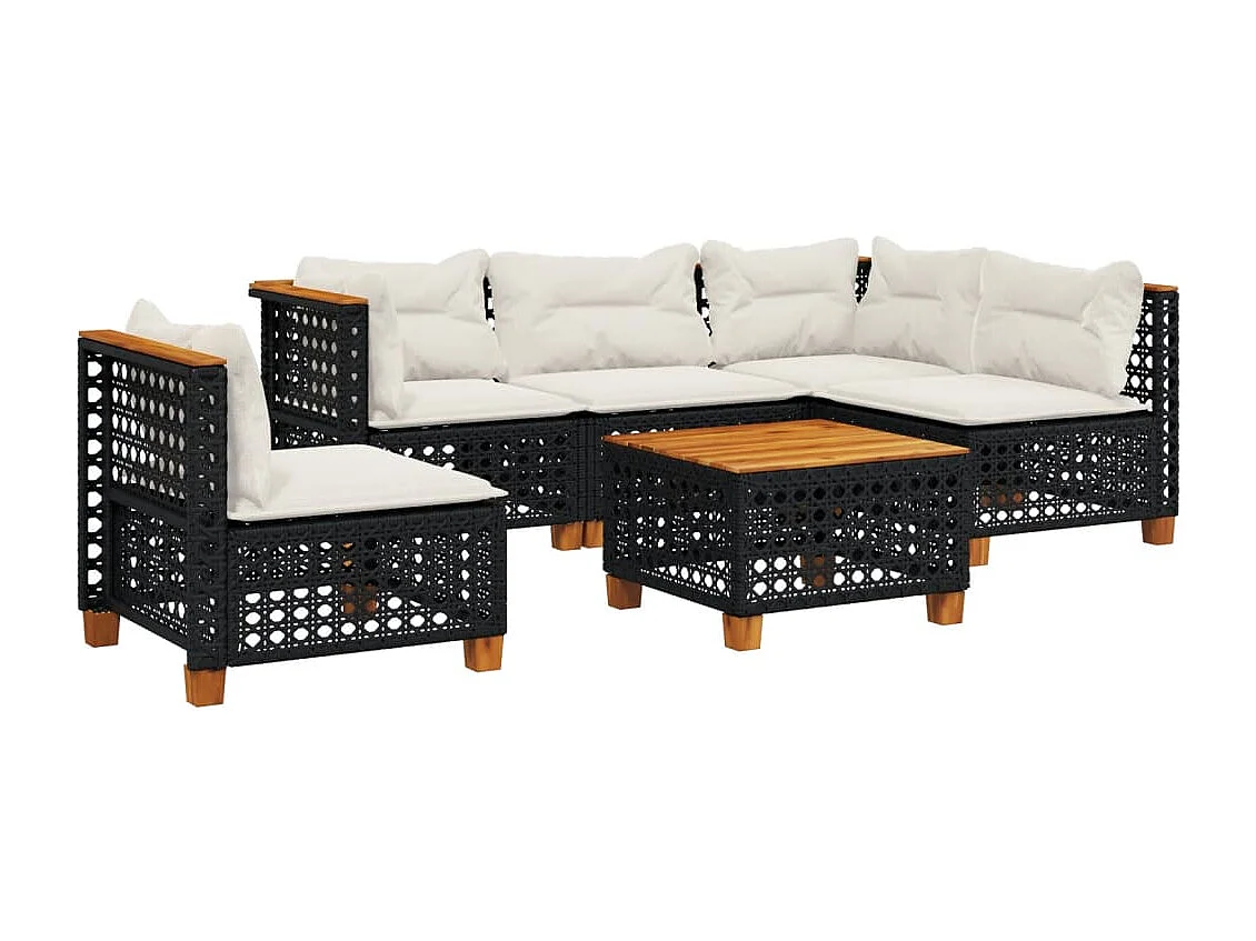 6-delige Loungeset met kussens poly rattan zwart