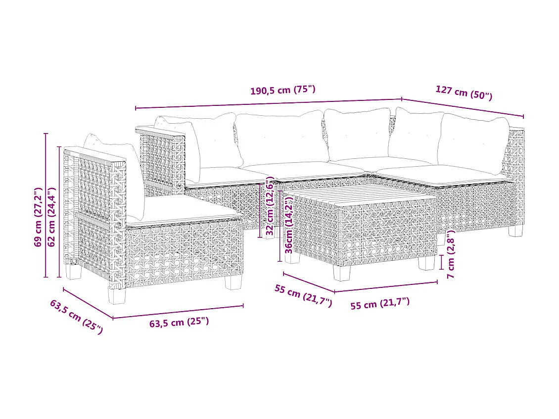 6-delige Loungeset met kussens poly rattan zwart