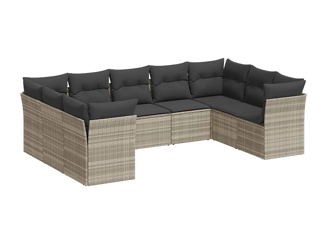 Salon de jardin 9 pcs avec coussins gris clair résine tressée