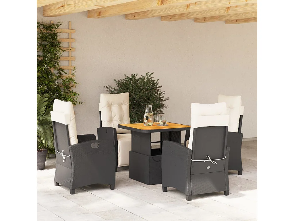 Set da Pranzo da Giardino 5 pz Nero con Cuscini in Polyrattan
