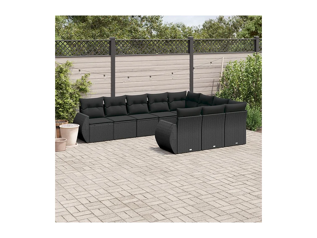 Salon de jardin 10 pcs avec coussins noir résine tressée