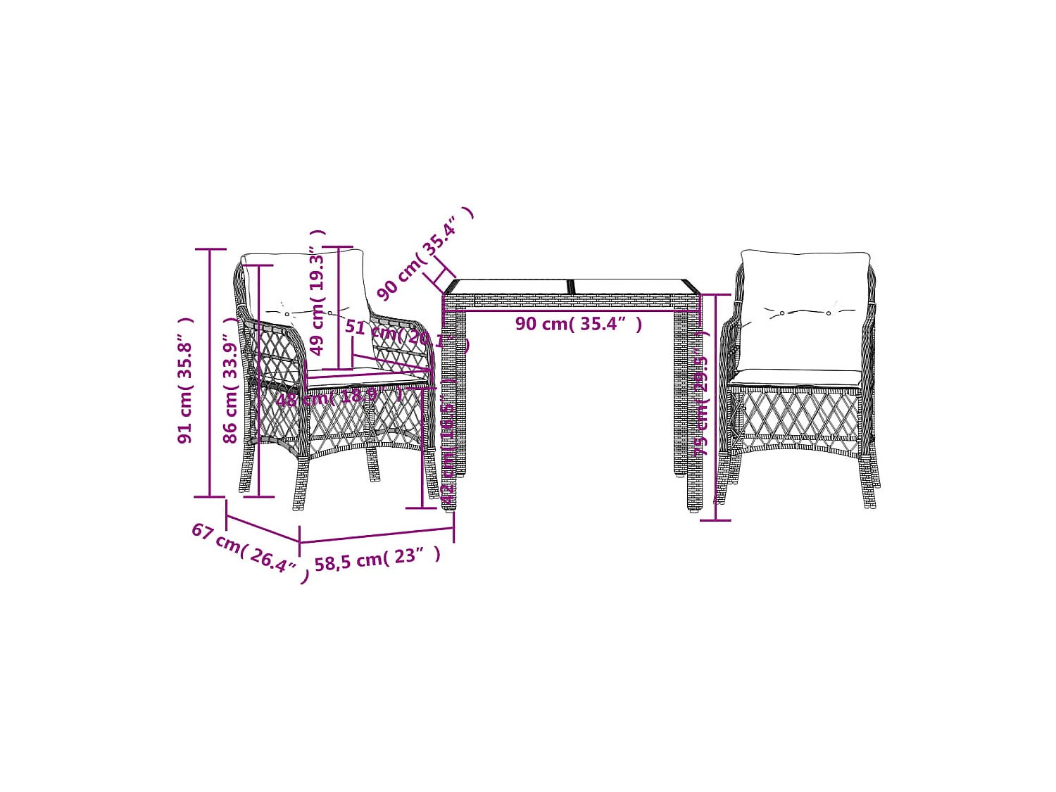 3 pcs conjunto de bistrô com almofadões vime PE preto