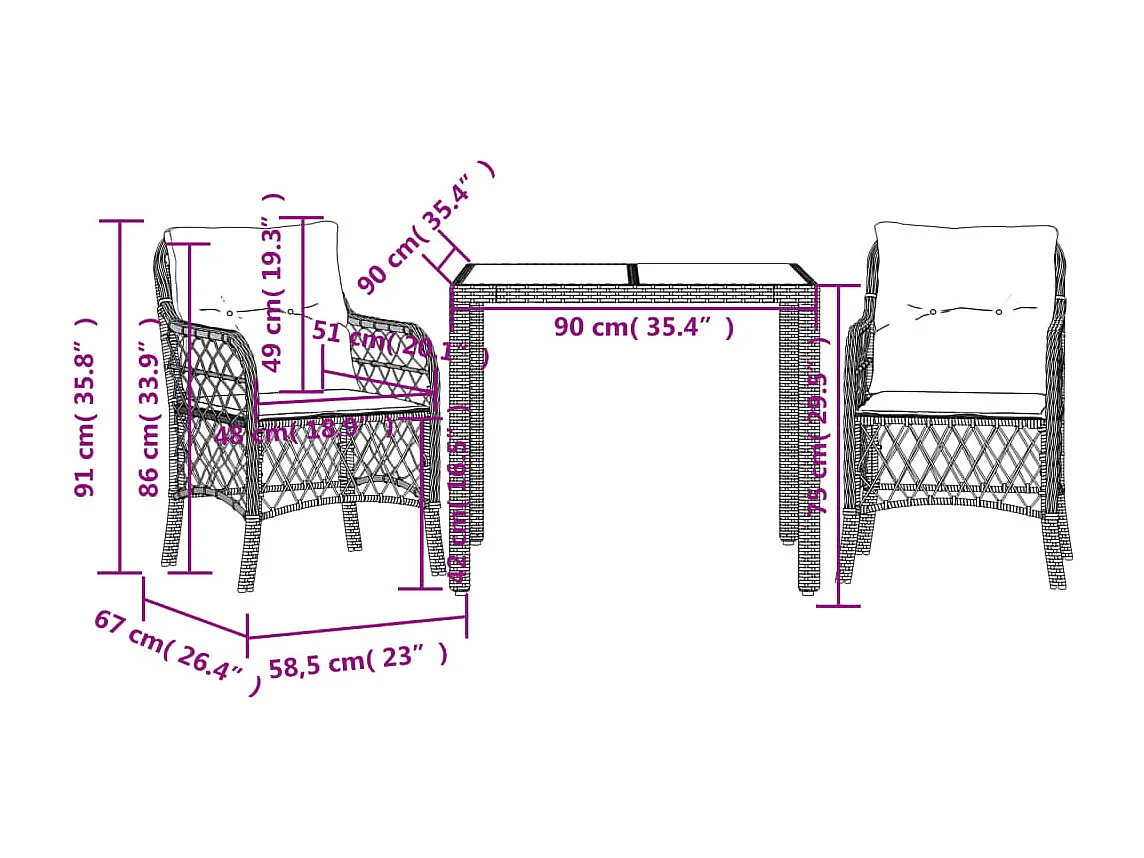 3 pcs conjunto de bistrô com almofadões vime PE preto