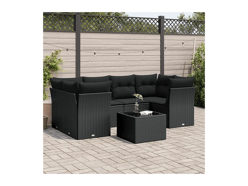 Salon de jardin 7 pcs avec coussins noir résine tressée