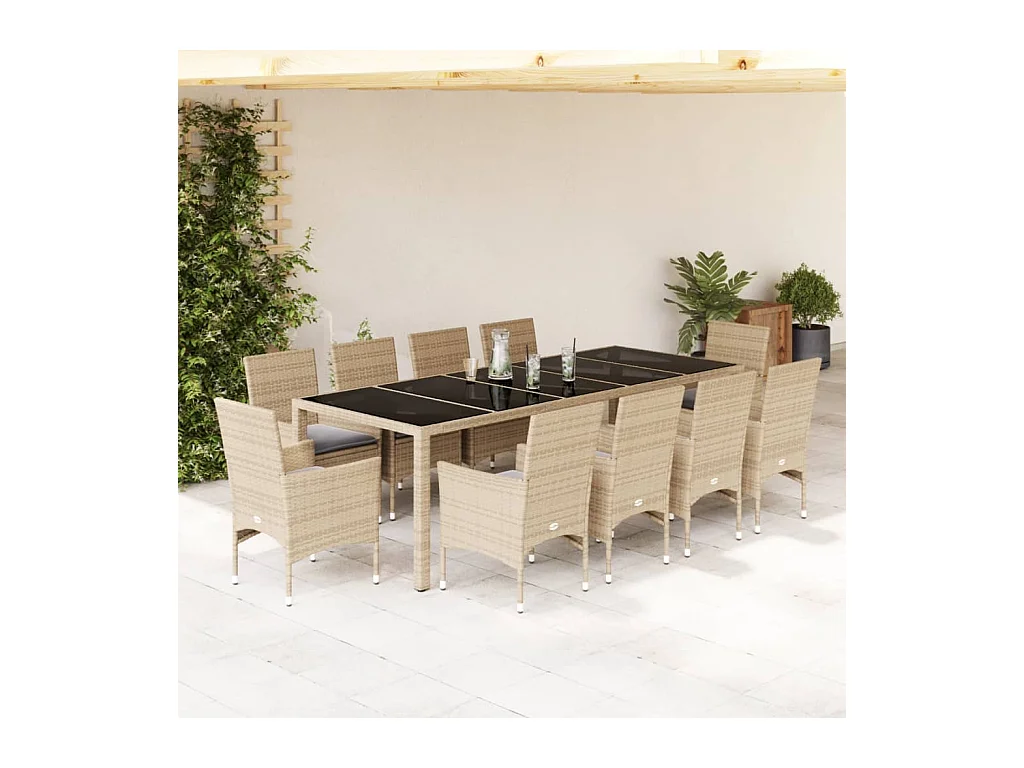 Set comedor jardín 11 pzas cojines ratán sintético vidrio beige