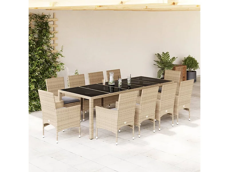 Ensemble à manger de jardin et coussins 11pcs beige rotin verre