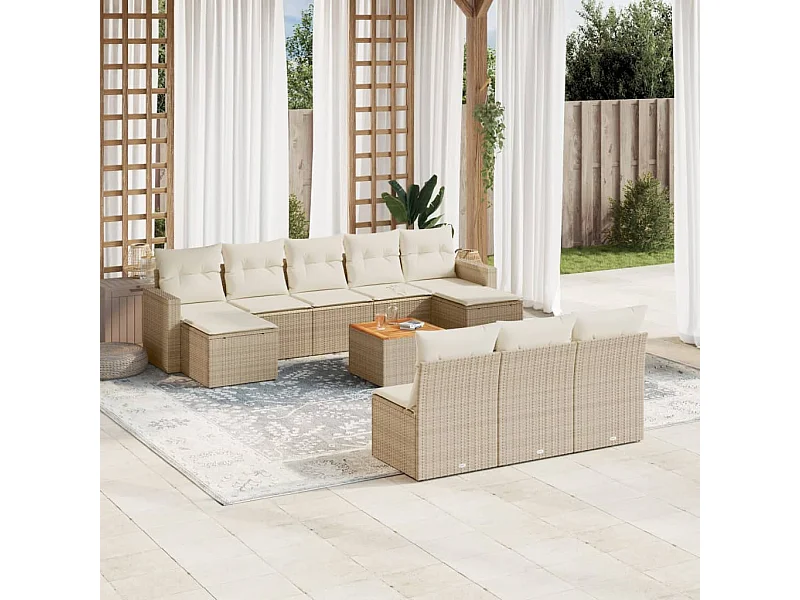 11-tlg. Garten-Sofagarnitur mit Kissen Beige Poly Rattan