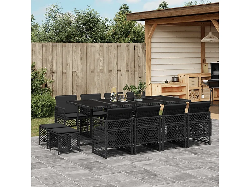 Ensemble à manger de jardin 13 pcs coussins noir résine tressée