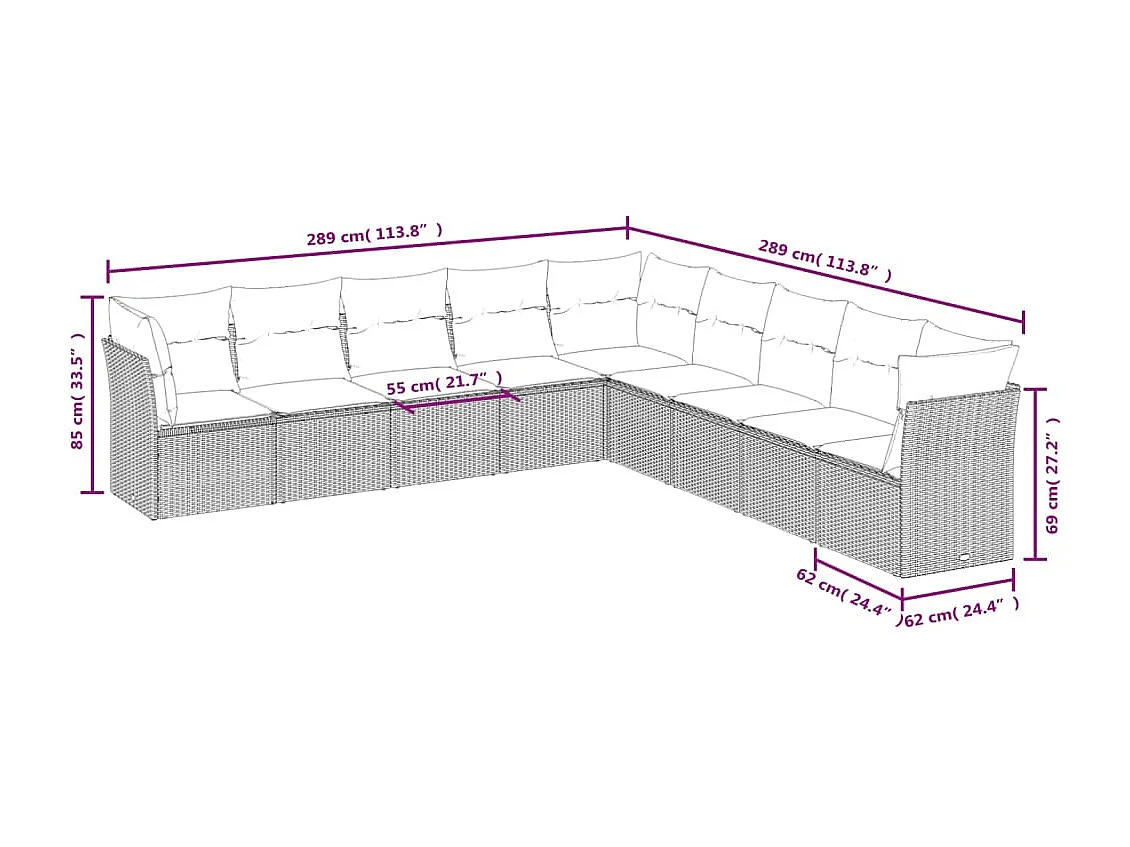 9 pcs conjunto sofás p/ jardim com almofadões vime PE cinzento