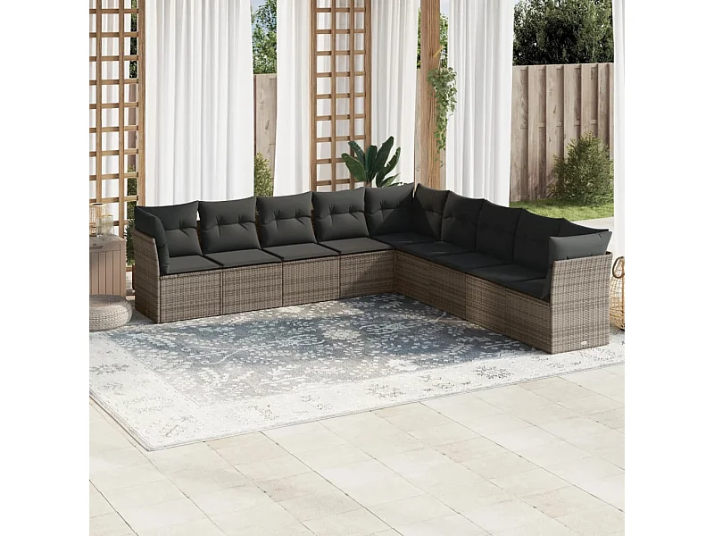 Salon de jardin 9 pcs avec coussins gris résine tressée