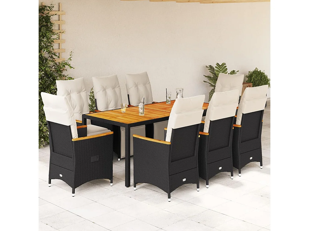 Ensemble de bistro de jardin 9 pcs coussins noir poly rotin