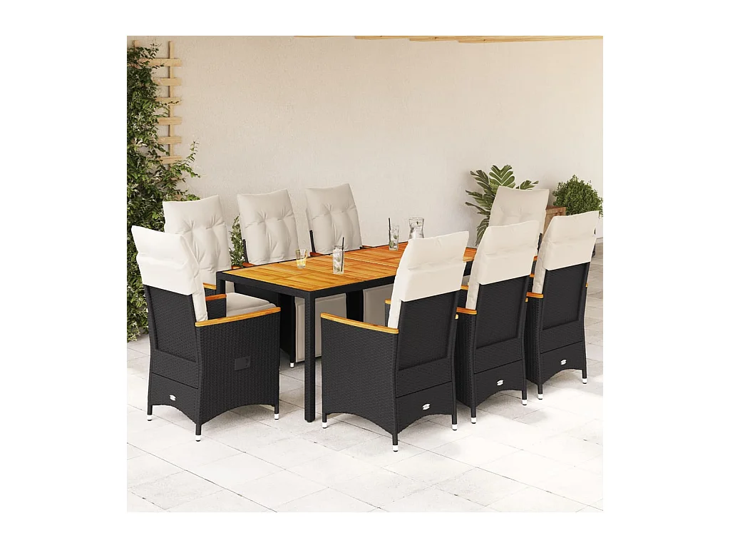 9-delige Bistroset met kussens poly rattan zwart