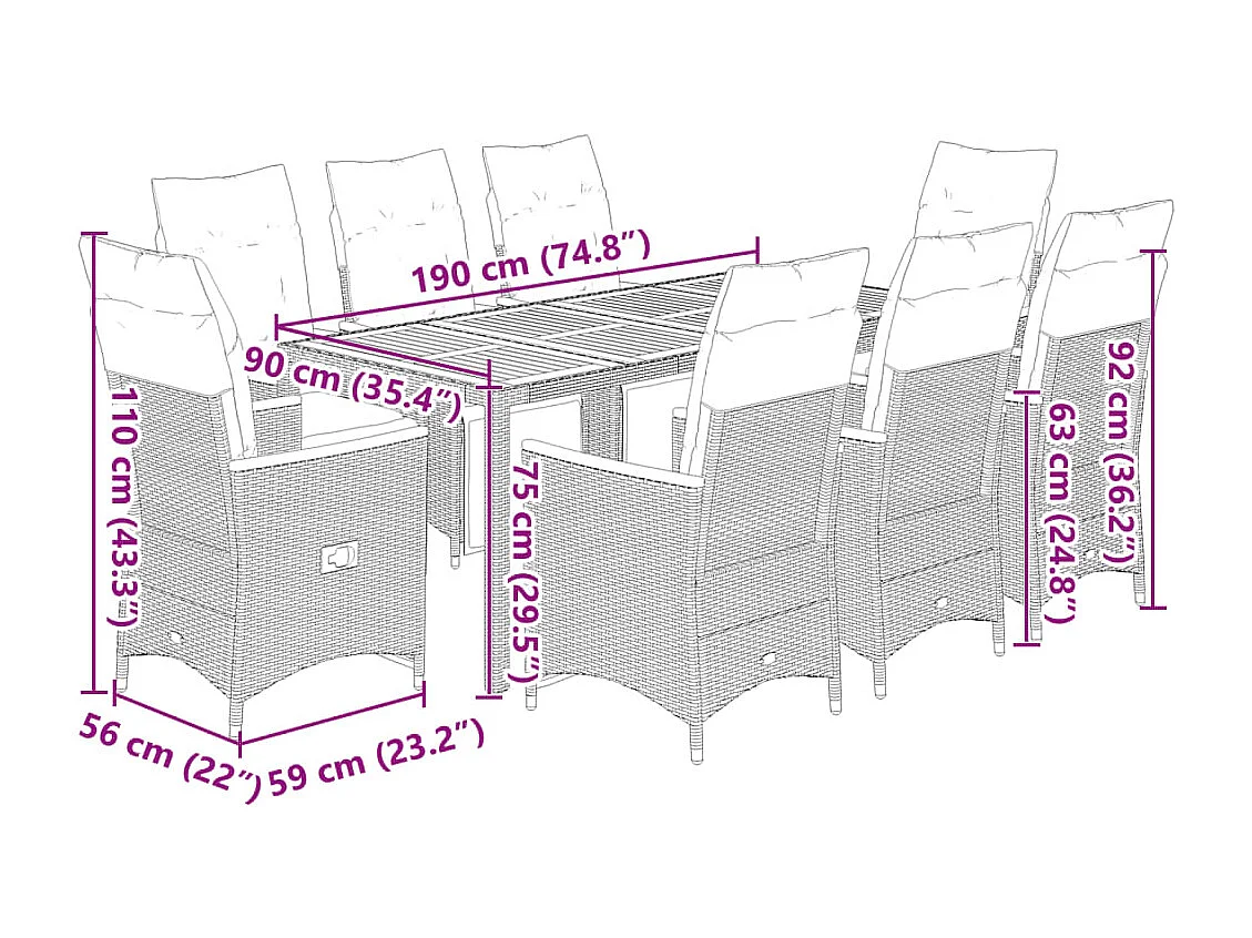 Ensemble de bistro de jardin 9 pcs coussins noir poly rotin