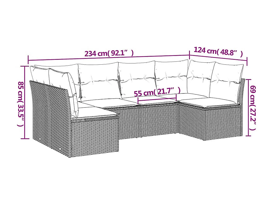 Set de sofás de jardín 6 piezas y cojines ratán sintético negro