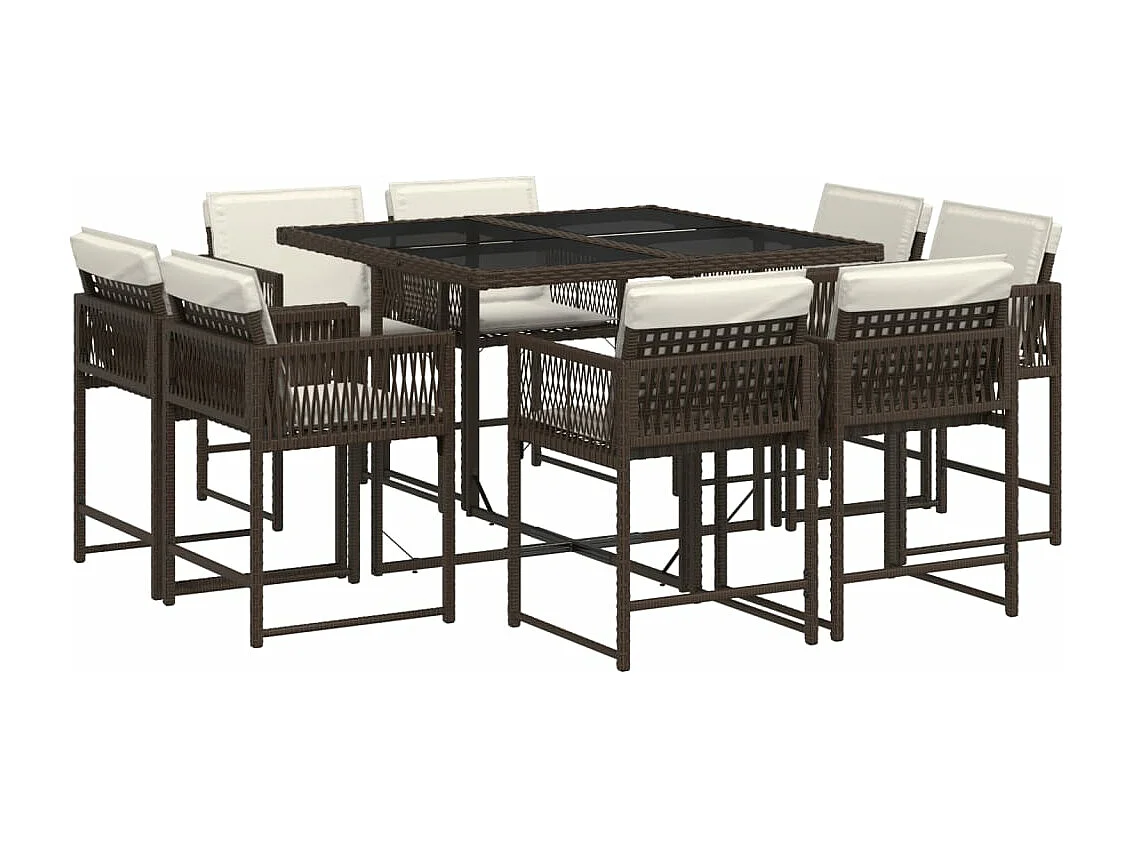 Ensemble à manger de jardin et coussins 9 pcs marron poly rotin
