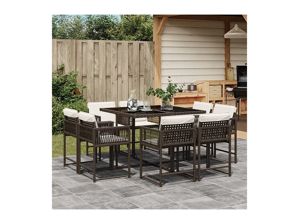Ensemble à manger de jardin et coussins 9 pcs marron poly rotin