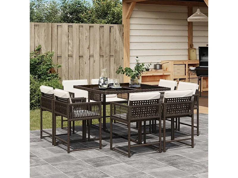 Set da Pranzo da Giardino 9pz con Cuscini Marrone in Polyrattan
