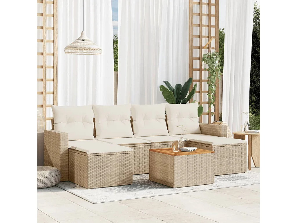 Salon de jardin avec coussins 7 pcs beige résine tressée