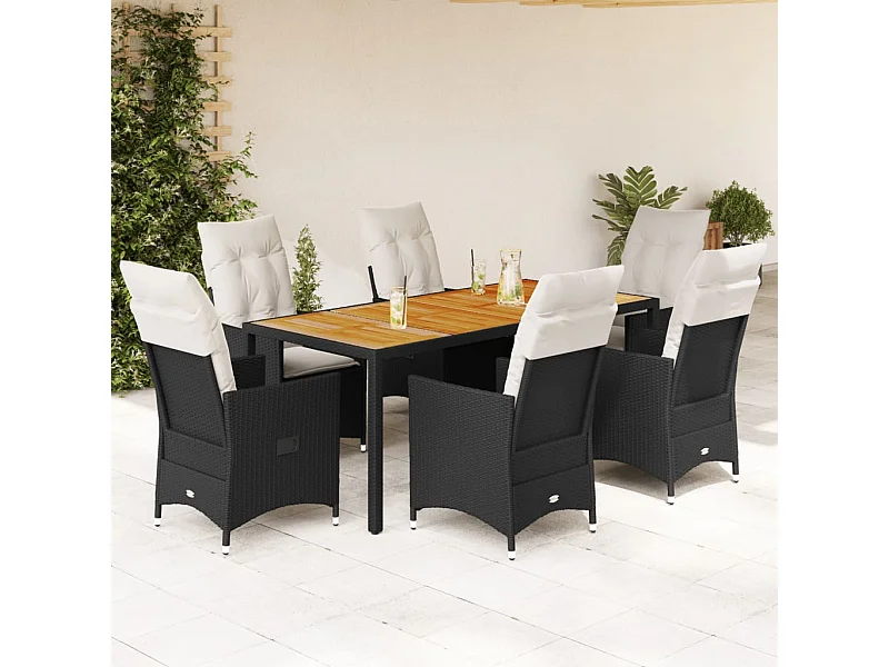 Ensemble à manger de jardin coussins 7pcs Noir Résine tressée