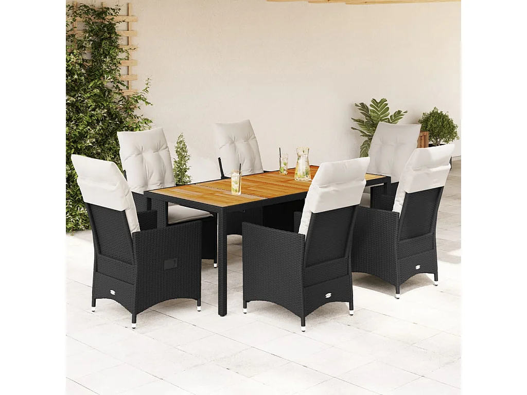 Ensemble à manger de jardin coussins 7pcs Noir Résine tressée
