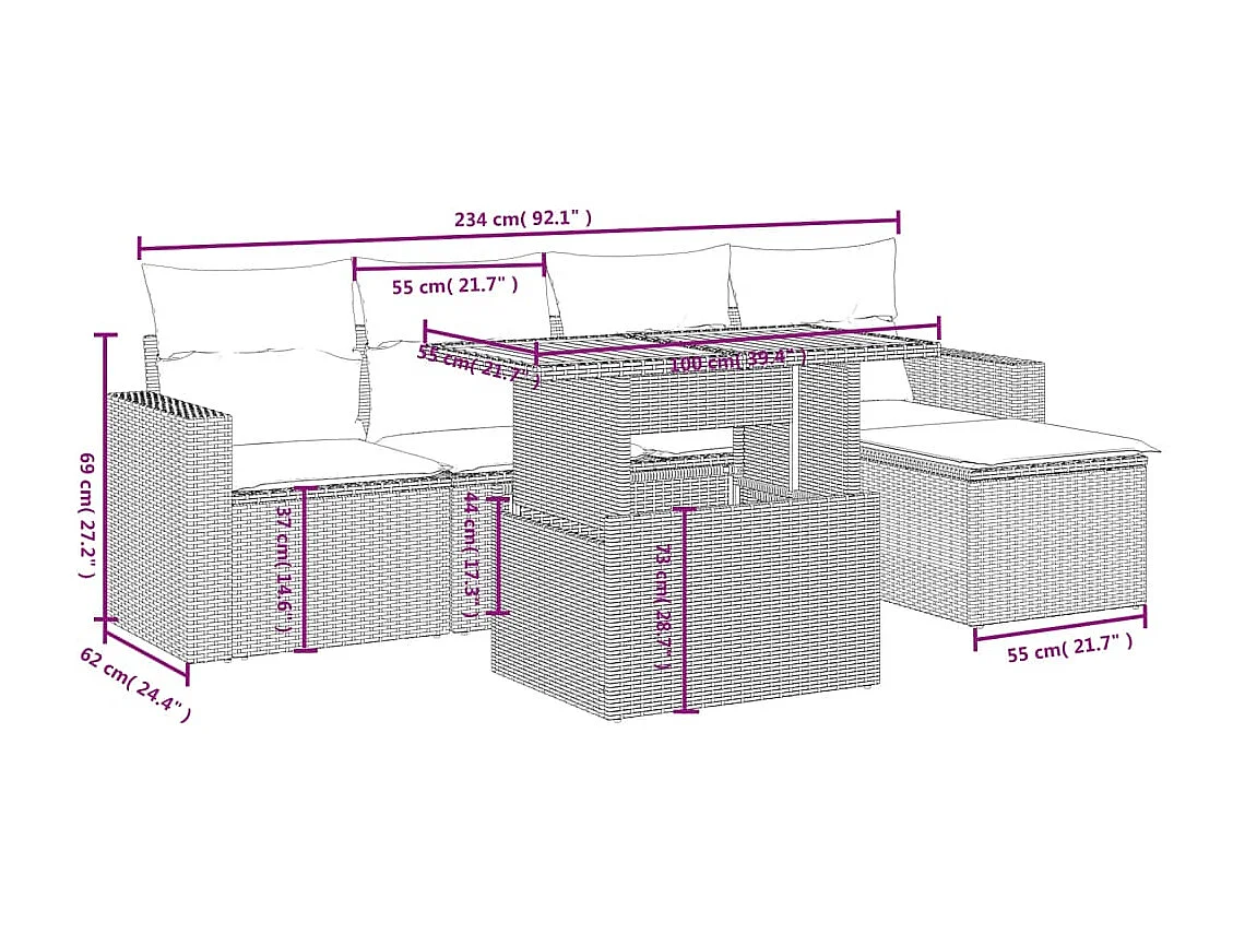 Salon de jardin 6 pcs avec coussins noir résine tressée
