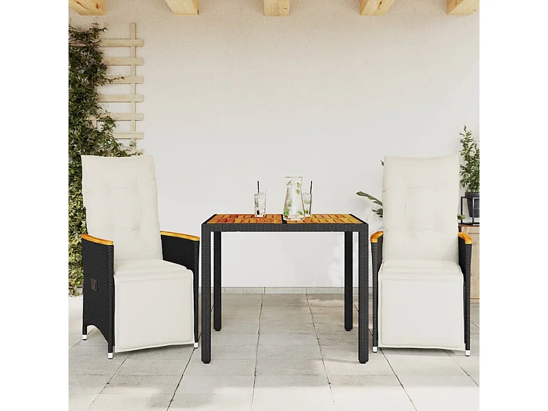 Ensemble de bistro de jardin 3 pcs coussins noir poly rotin