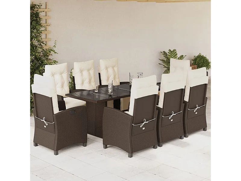 Set da Pranzo da Giardino 9pz con Cuscini Marrone in Polyrattan